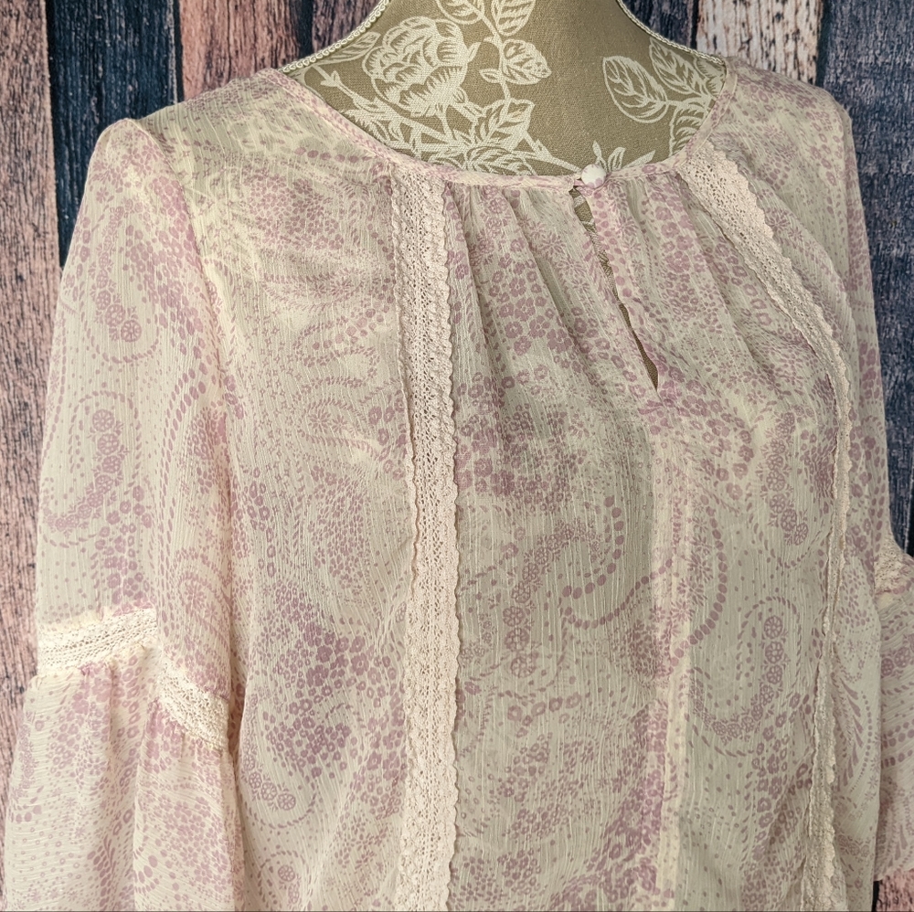 LC Lauren Conrad Cream and Light Pink Paisley Lace-Trim Blouse